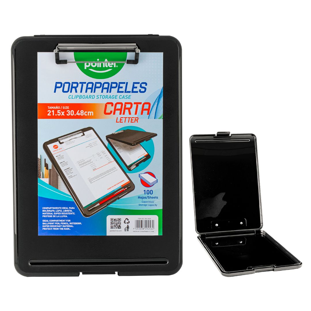 TABLA PORTAPAPELES POINTER NEGRO CON ALMACENAMIENTO 9.3"X13.4" (F. 18PZA)
