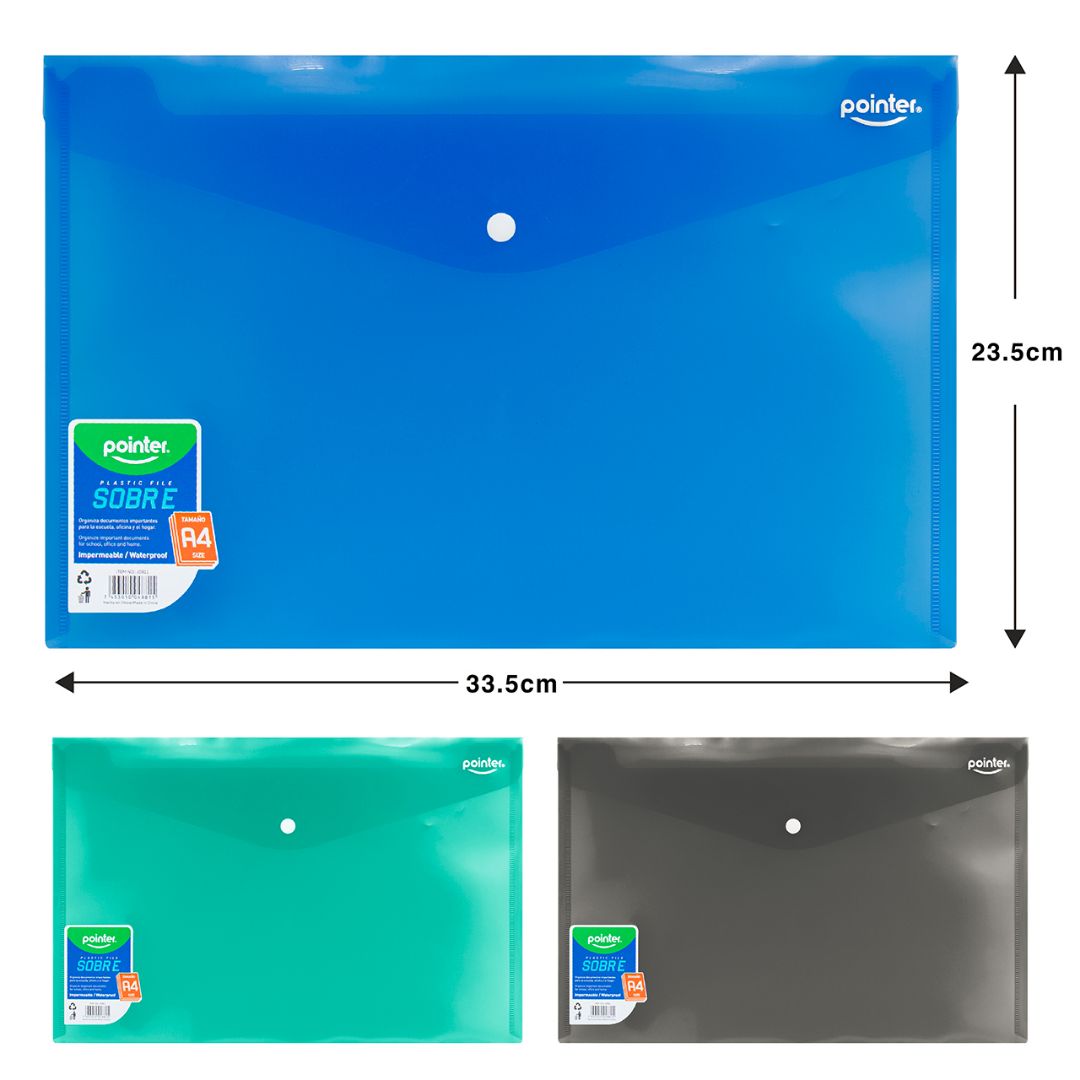 SOBRE PLASTICO POINTER C/BROCHE AZU/VER/NEG A4 (F. 30 DOC)