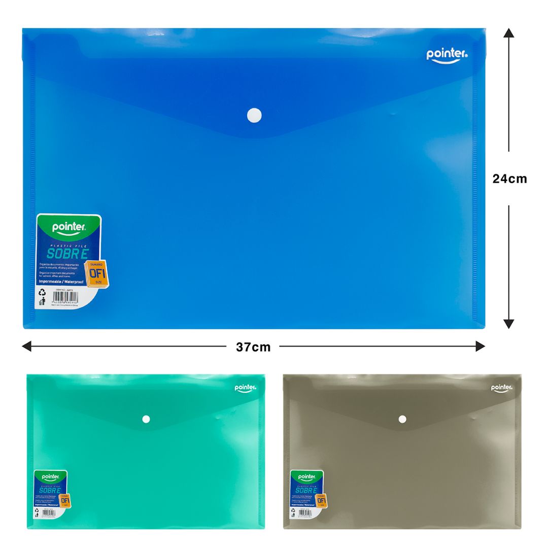 SOBRE PLASTICO POINTER C/BROCHE 3 COL. 37X24CM  (F. 360 PZAS)