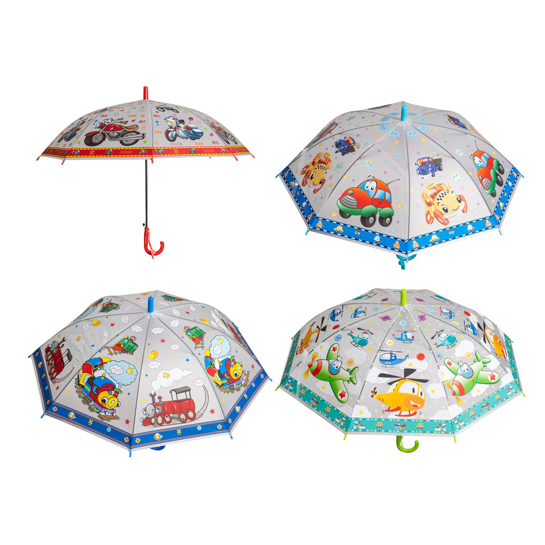 SOMBRILLA JVL PARA NIÑO TRANSPORTES 4 DISEÑOS (F. 60 PZA)