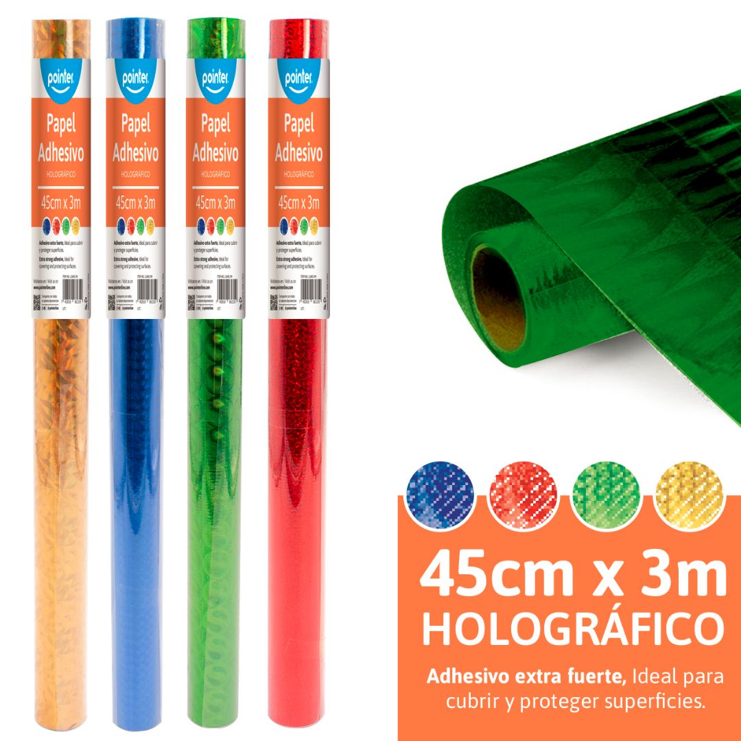 PAPEL ADHESIVO POINTER HOLOGRAFICO 4 COL. 45CM X 3M  (F. 36 UNI)