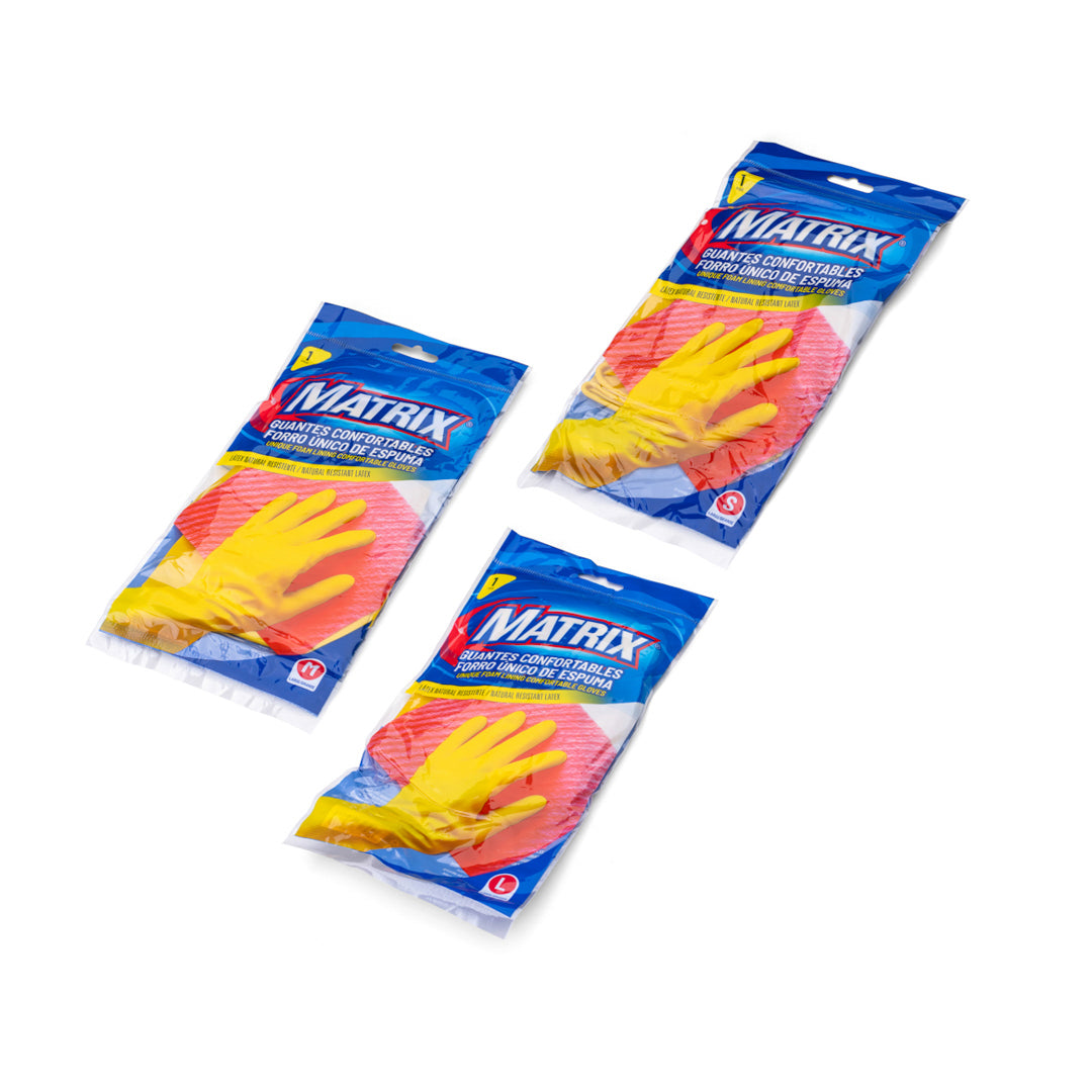 GUANTES DE LATEX MATRIX CX12 TEXTURIZADO AMARILLO TALLAS S,M,L,XL (F. 144 PARES)