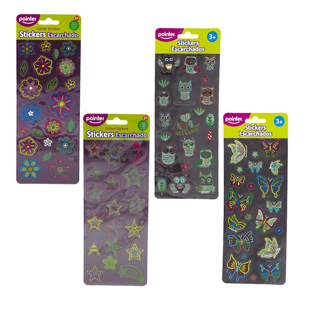 STICKERS POINTER C/ESCARCHA MARIPOSA/BUHO/FLOR/ESTRELLA (F. 240 SETS)