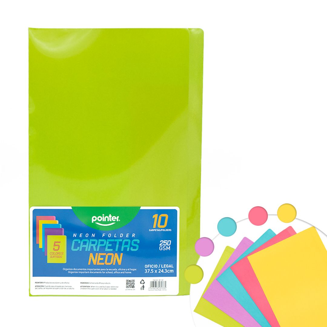 FOLDER POINTER OFICIO 5 COLORES NEON PX20 180G (F. 24 PAQ)