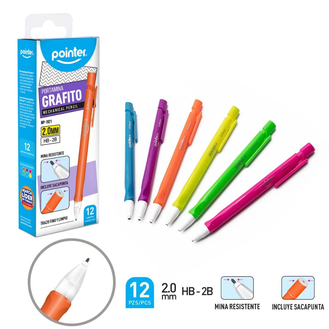 PORTAMINAS RETRACTIL POINTER CX12 6 COL. HB 2B 2.0MM (F. 96 DOC)