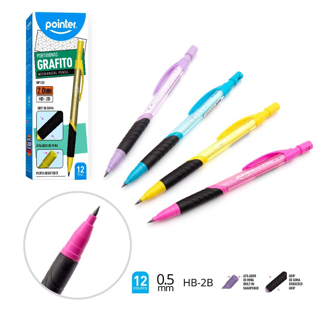 PORTAMINAS RETRACTIL POINTER C/GRIP CX12 4 COL. 2B 2MM (F. 96 DOC)