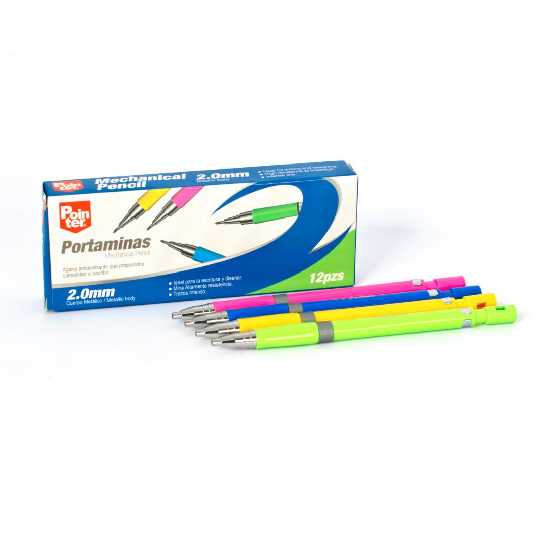 PORTAMINAS RETRACTIL POINTER METALICO 4 COL. CX12 2MM (F. 96 DOC)
