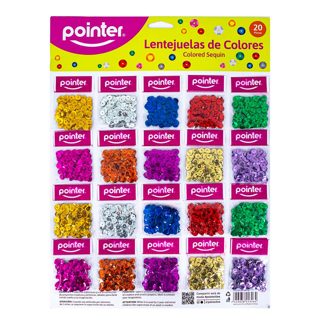 LENTEJUELAS POINTER DE COLORES CARTON DE 20 BOLSAS (F. 144 UNI)