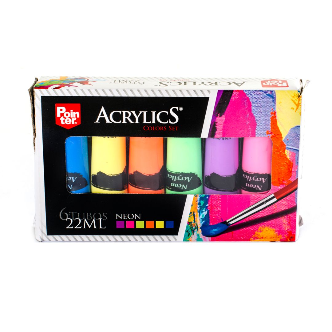 PINTURA ACRILICA POINTER 6 COLORES NEON 22ML (F. 48 SETS)