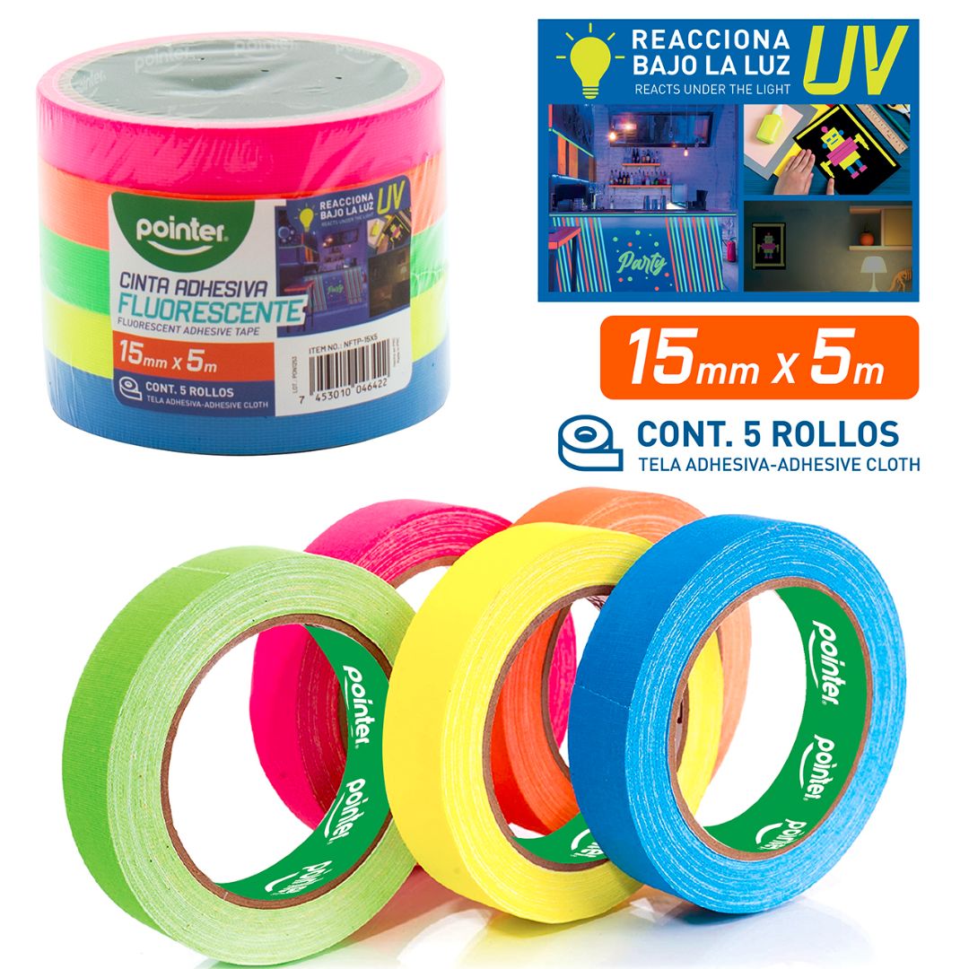 CINTA ADHESIVA POINTER 5 COL. FLUORESCENTES 15MM X 5M (F. 60 SETS)