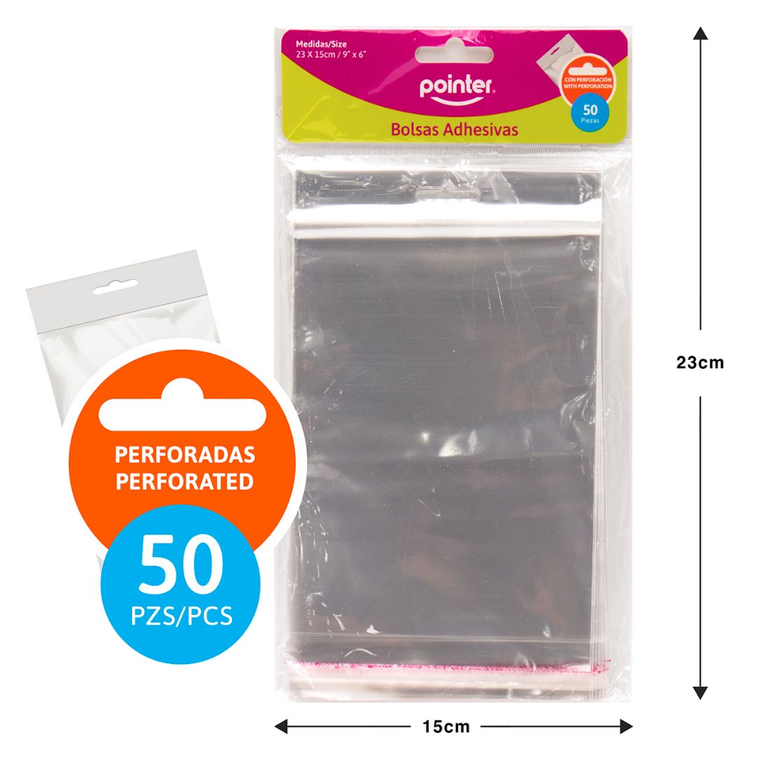 BOLSA ADHESIVA POINTER C/AGARRADOR BX50 9"X6" (F. 120 SETS)