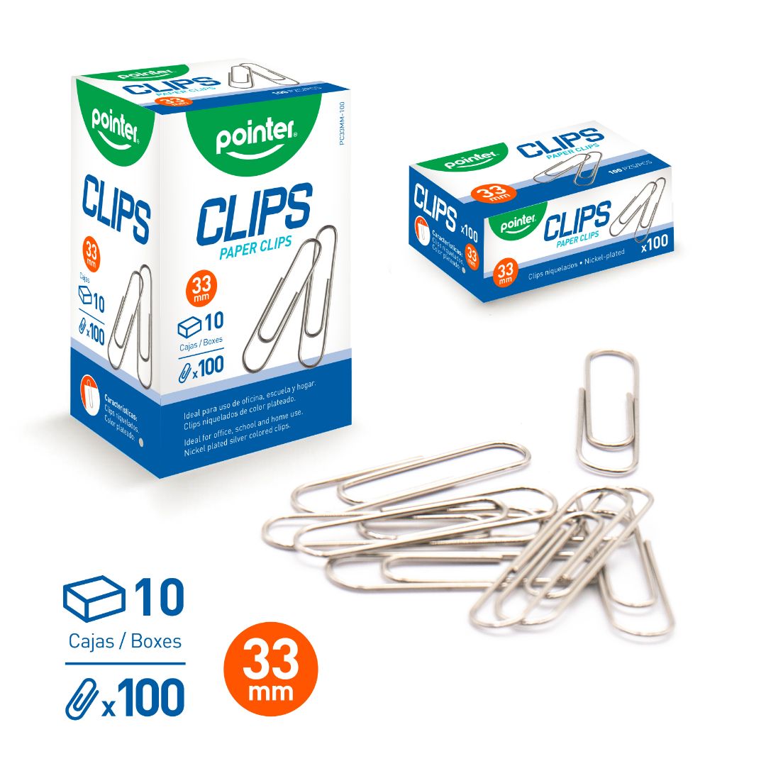 CLIPS STANDAR POINTER NIQUELADO CX100 33MM (F.250 UNI)