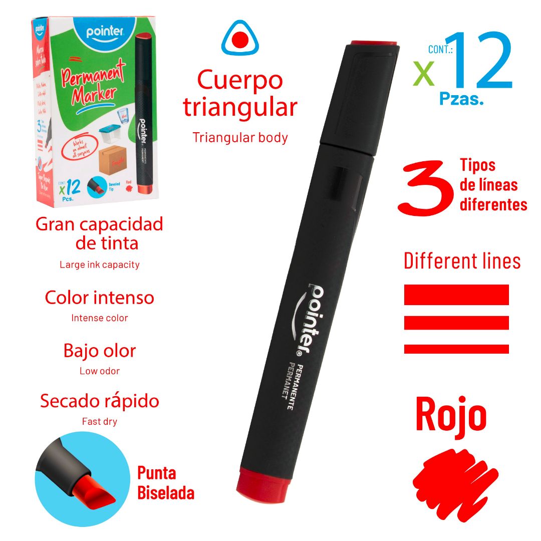 MARCADOR PERMANENTE POINTER PUNTA BISELADA ROJO (F. 50 DOC)