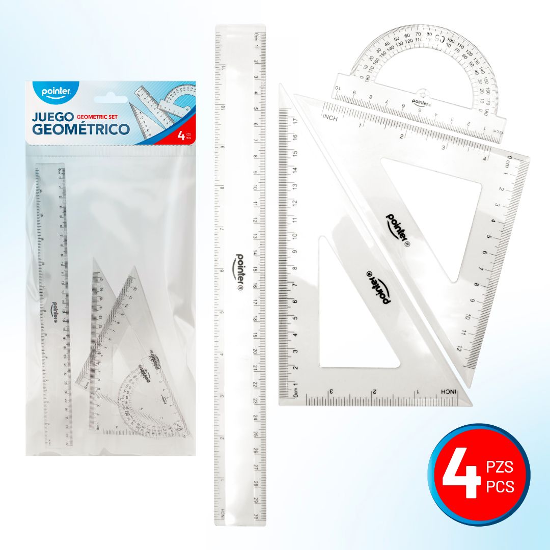 JUEGO GEOMETRICO POINTER MEDIANO TRANSPARENTE 30CM (F. 288 SETS)