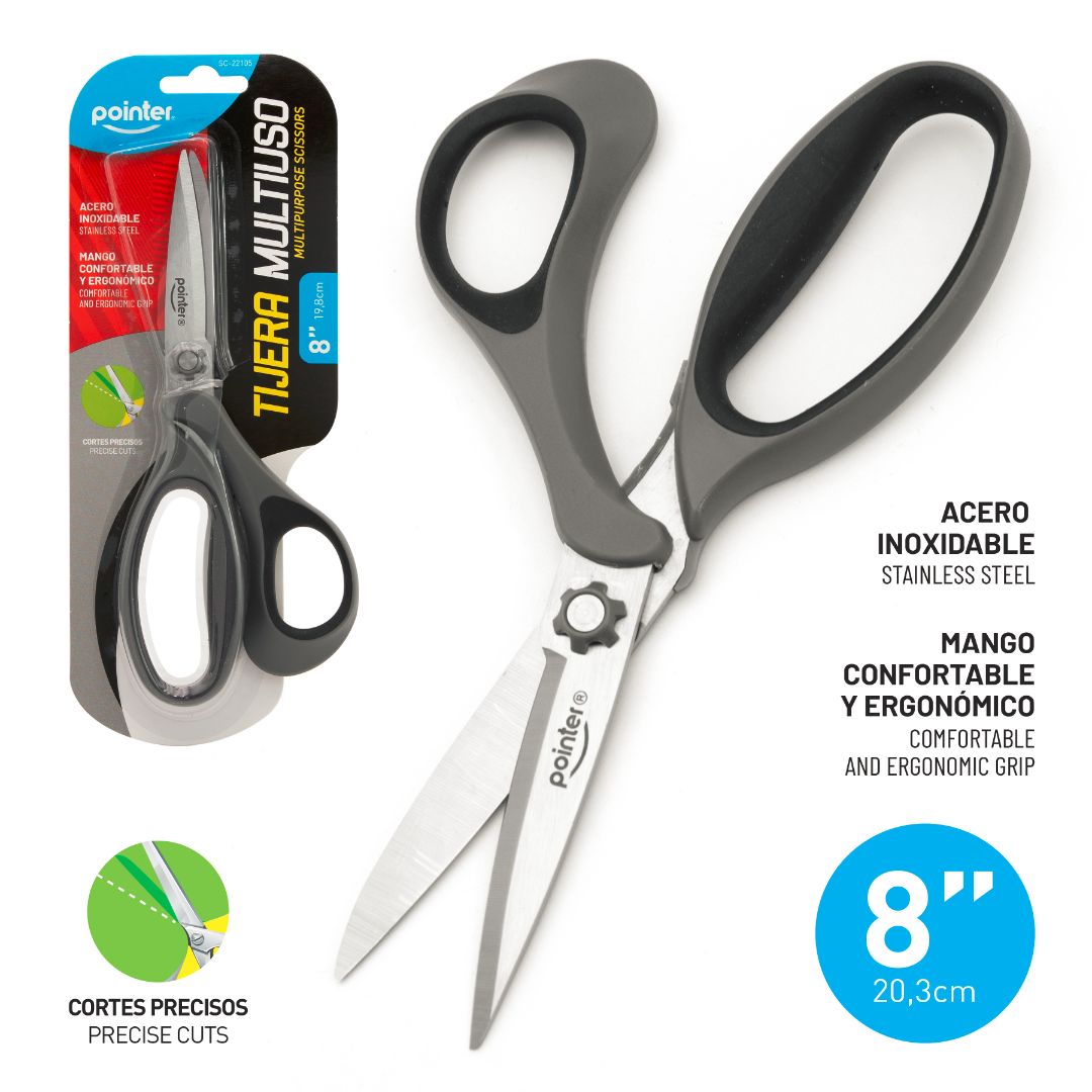 TIJERA MULTIUSO POINTER GRIS C/NEGRO 8" (F. 144 PZAS)