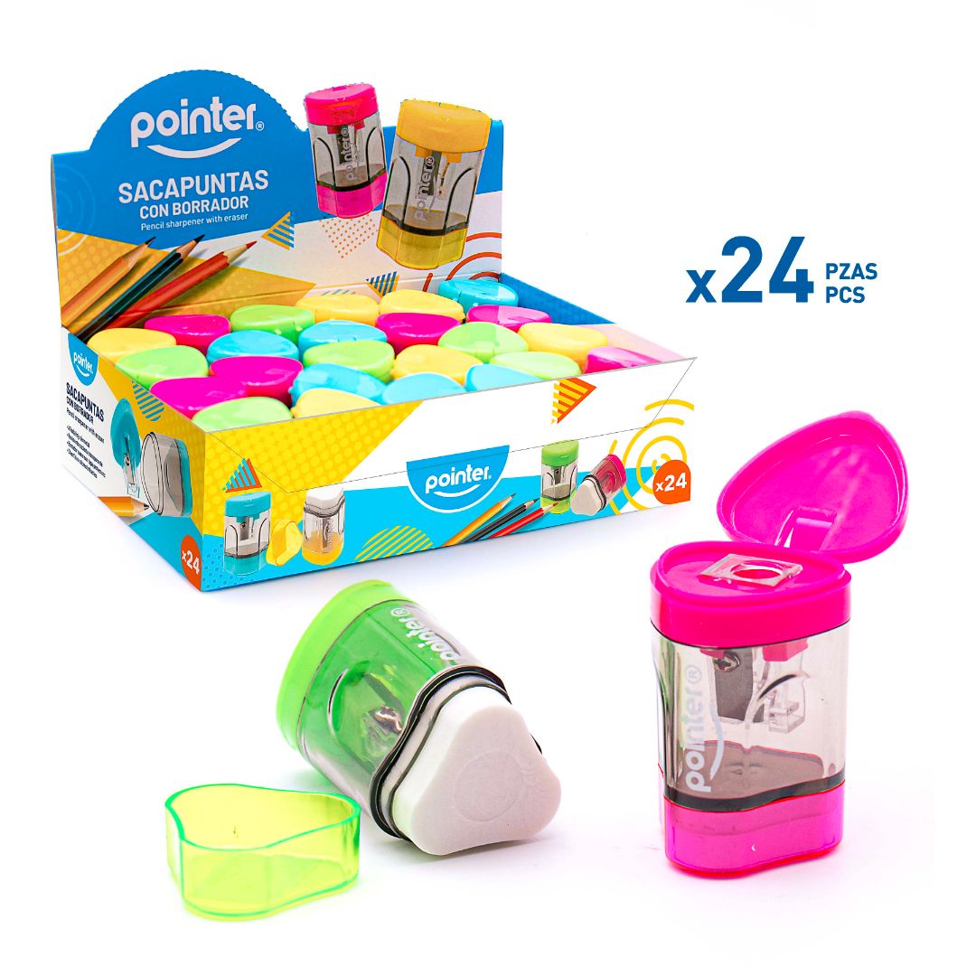 SACAPUNTAS POINTER TRIANGULAR C/BORRADOR 4 COL. CX24 (F. 30 BOX)