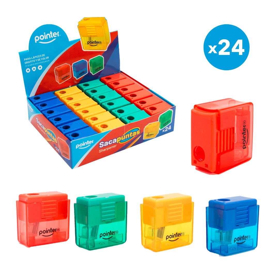 SACAPUNTAS POINTER RECTANGULAR 1 AGUJERO CON DEPOSITO 4 COLORES (F. 30 BOX)