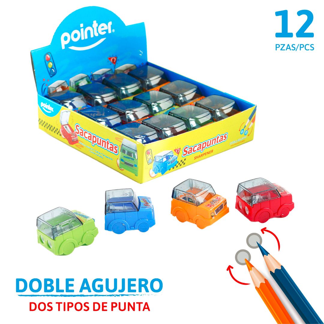 SACAPUNTAS POINTER CARROS C/DEPOSITO D/AGUJERO 4 COL. CX12 (F. 48 DOC)