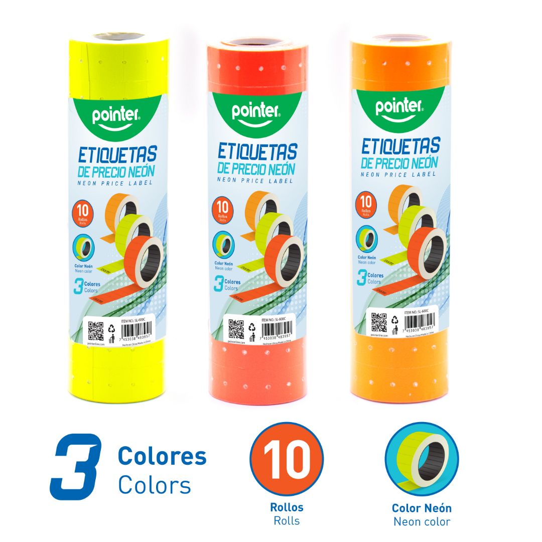 ETIQUETAS PARA PRECIO POINTER 3 COL. NEON PX10 (F. 60 ROLLOS)