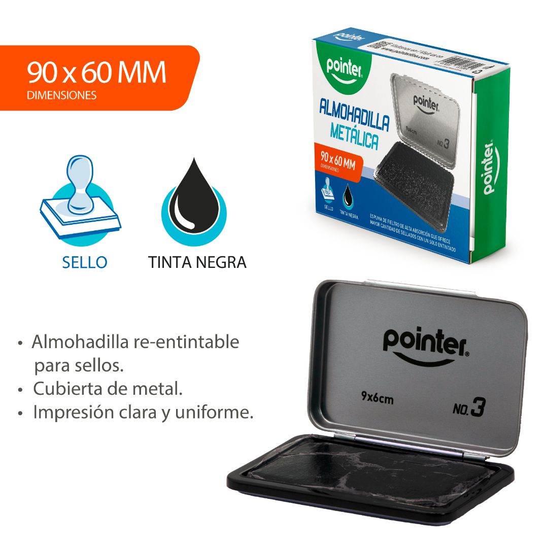 ALMOHADILLA DACTILAR POINTER METALICA NEGRA 90X60MM (F. 144 PZA)