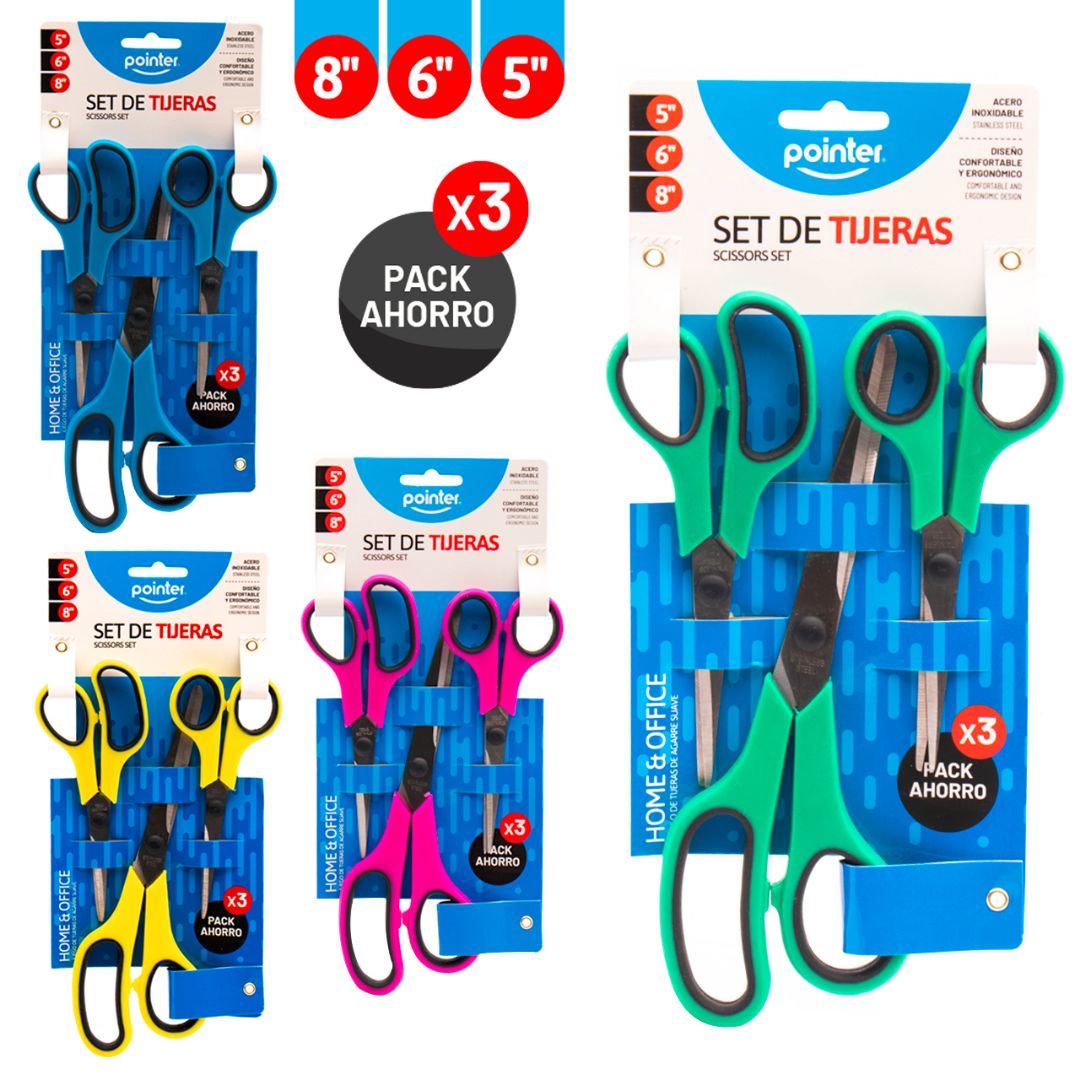 SET DE TIJERAS POINTER BLISTERX3 4 COL. 5"/6"/8" (F. 96 SETS)