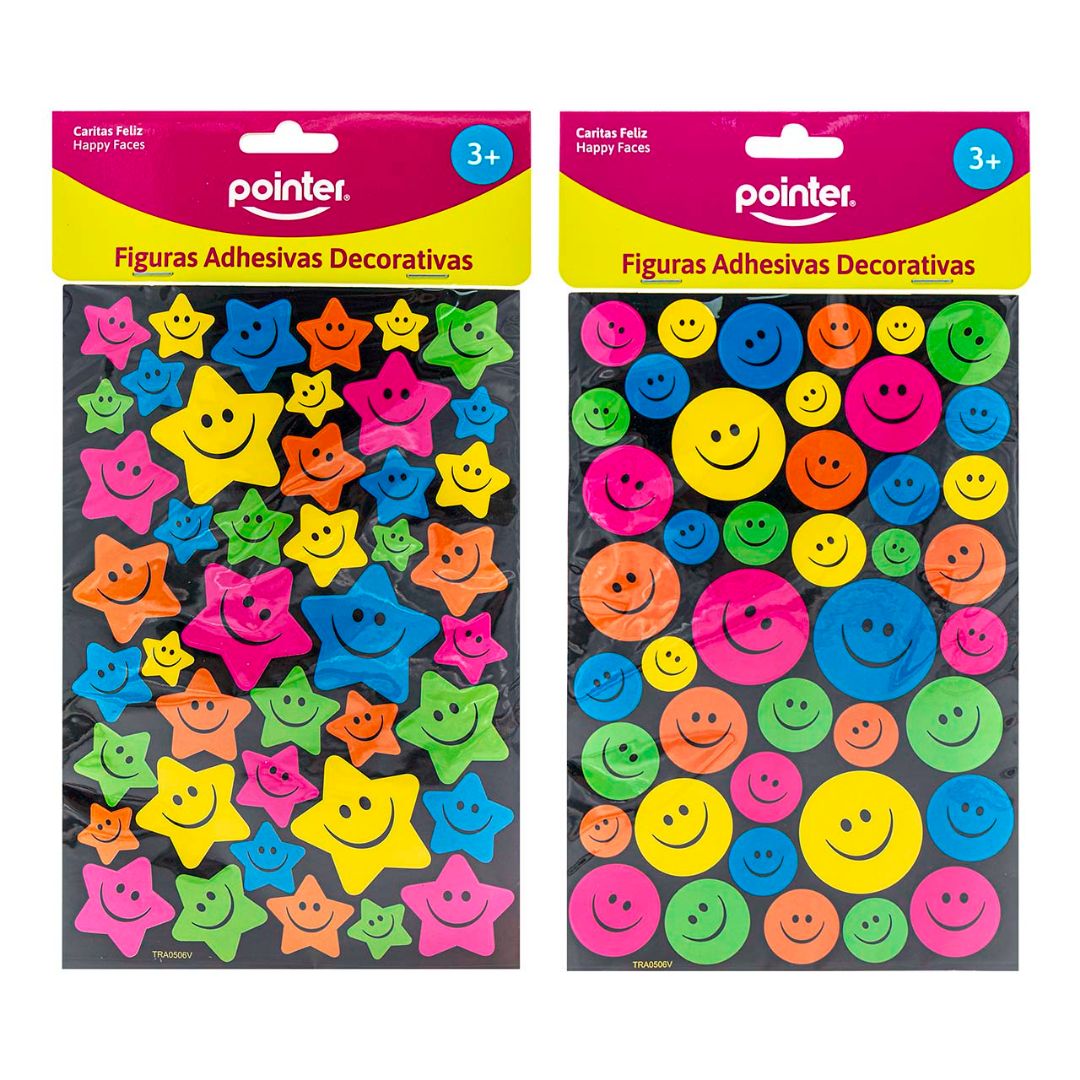 STICKERS POINTER CARITAS Y ESTRELLAS FELIZ COL. SURTIDOS  (F. 240 SETS)