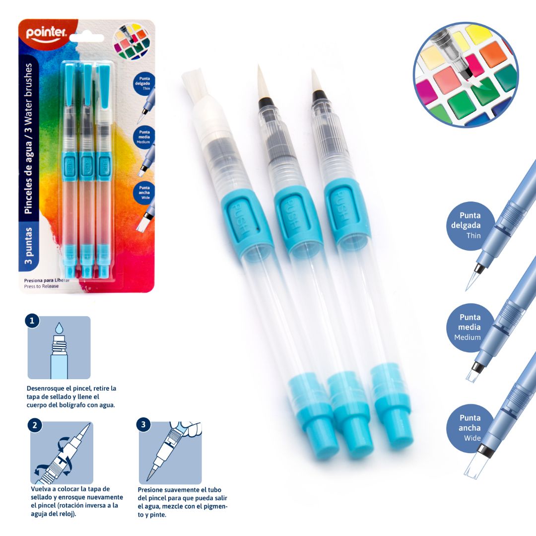 PINCELES DE AGUA POINTER LARGO C/DEPOSITO SETX3 3 PUNTAS (F. 96 SETS)