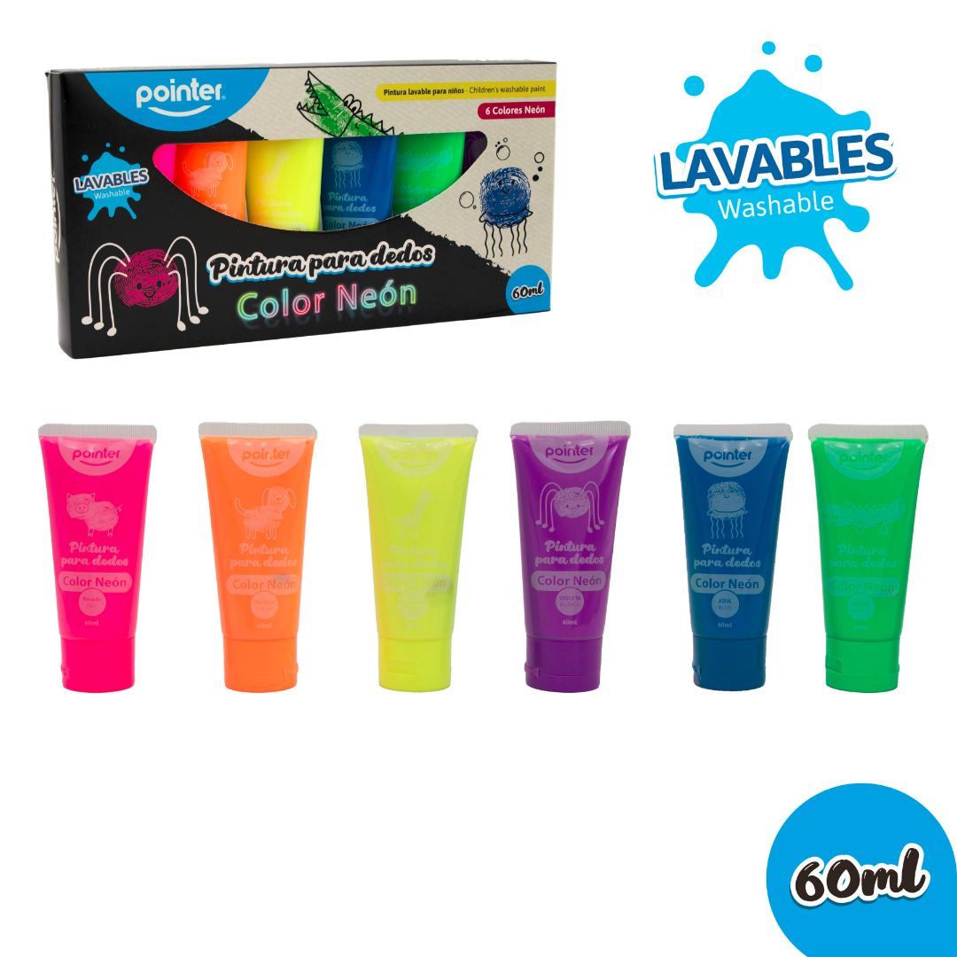 PINTURA PARA DEDOS POINTER 6 COLORES NEON 60ML (F. 48 BOX)