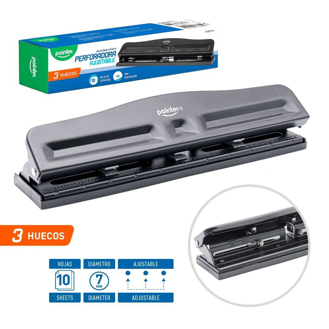PERFORADOR AJUSTABLE POINTER 3 AGUJEROS P/10H. (F. 24 UNI)