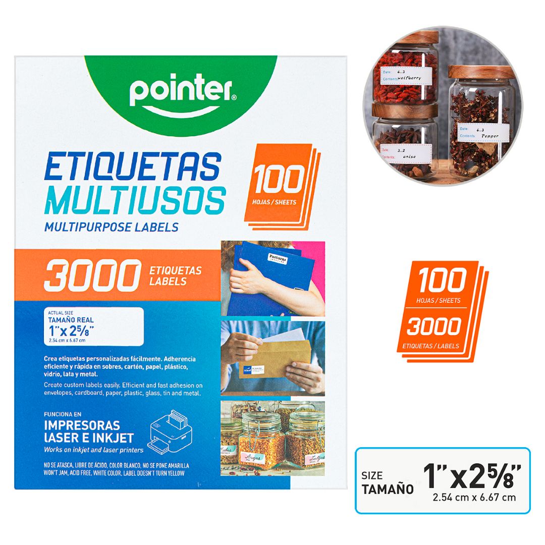 ETIQUETAS POINTER P/IMPRESION 100H/3000 UNI 1"X 2 5/8" (F. 20 BOX)