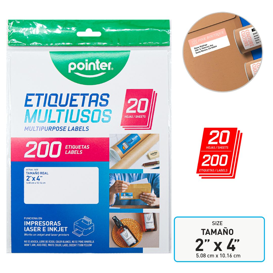 ETIQUETAS POINTER P/IMPRESION 20H/200 UNI 2"X4"  (F. 50 BAG)