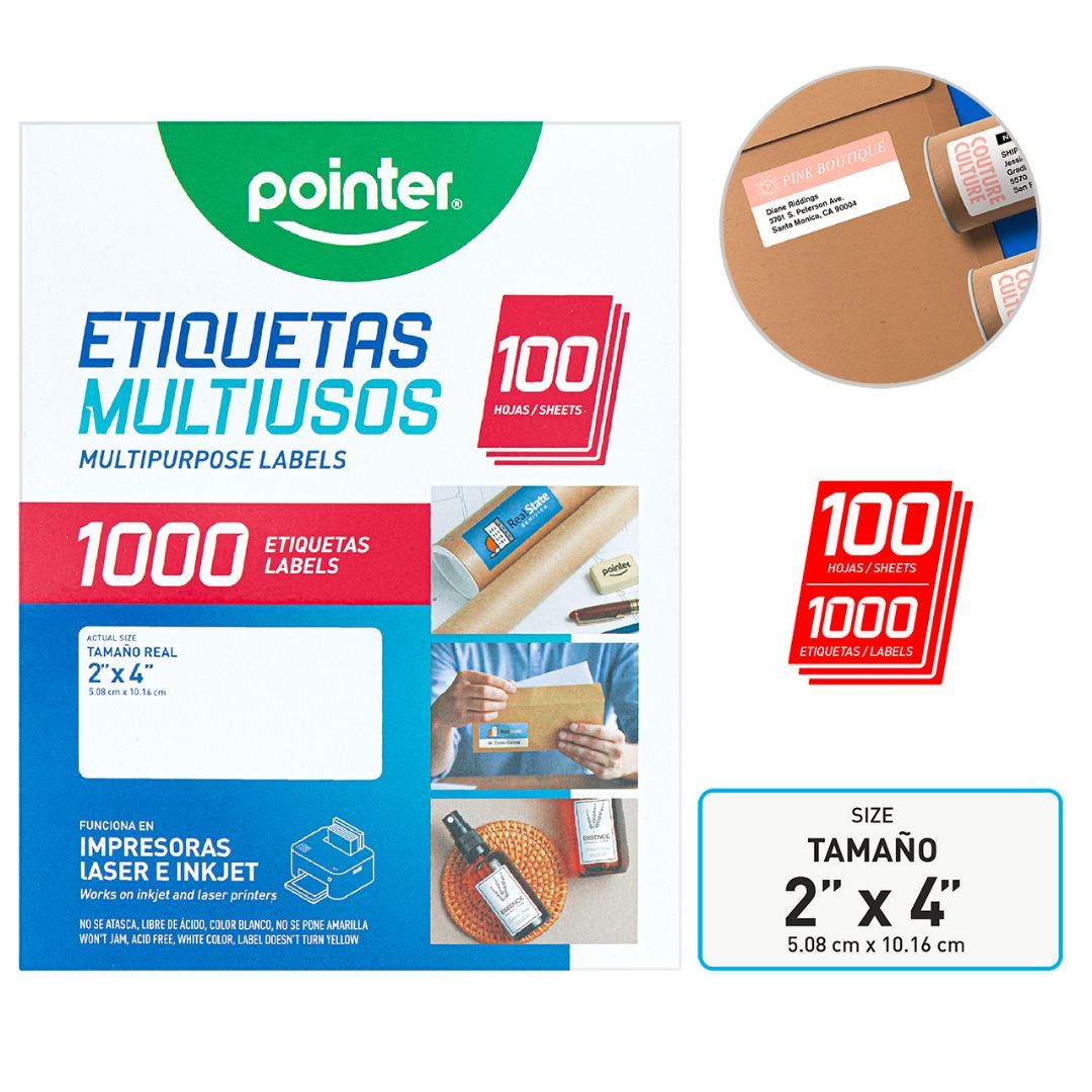 ETIQUETAS POINTER P/IMPRESION 100H/1000 UNI 2"X4" (F. 20 BOX)