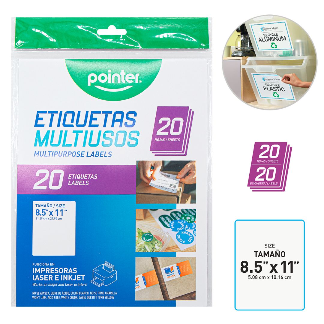 ETIQUETAS POINTER P/IMPRESION 20H/20 UNI 8.5"X11" (F. 50 BAG)
