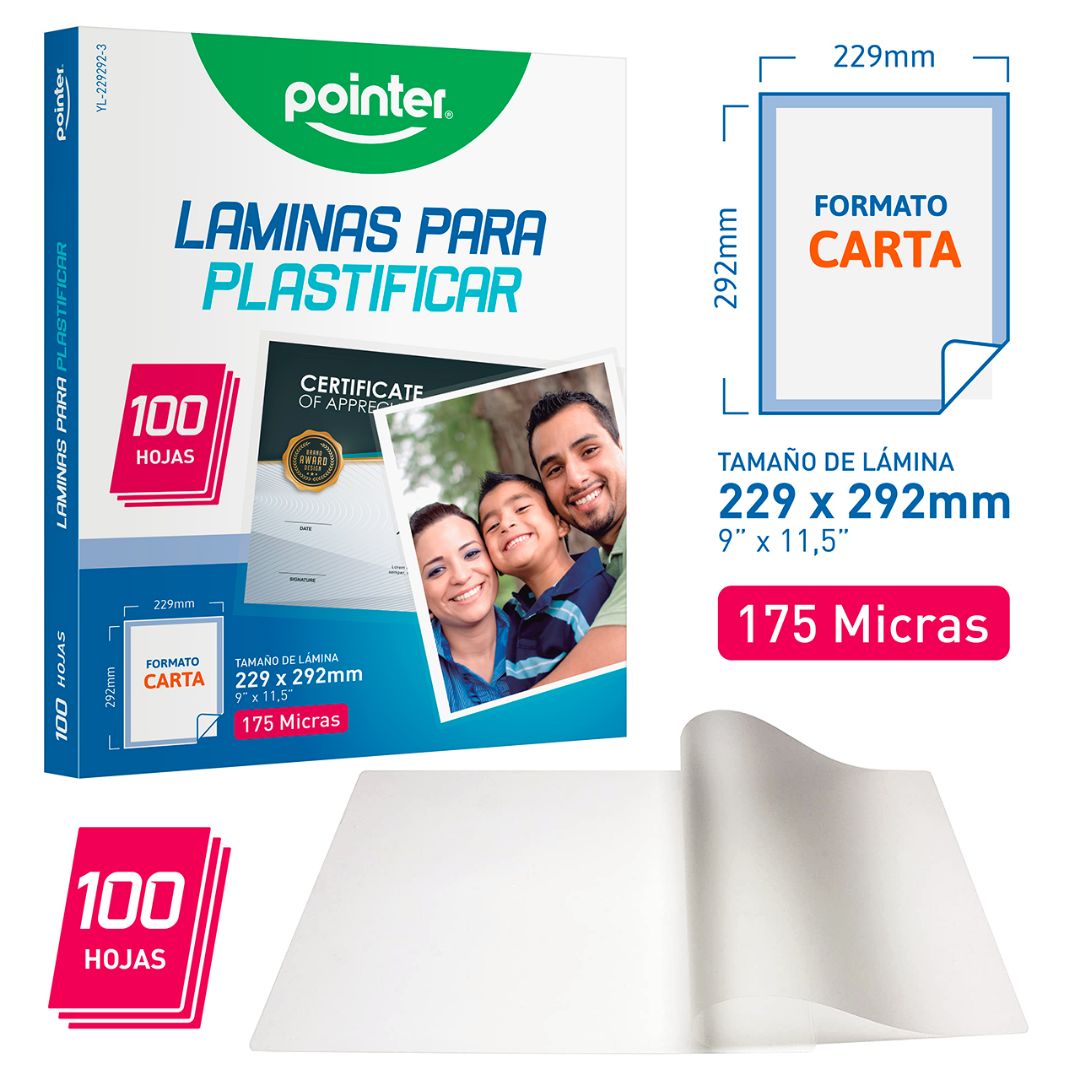 LAMINAS P/PLASTIFICAR POINTER 175 MICRAS CX100 CARTA (F. 5 BOX)