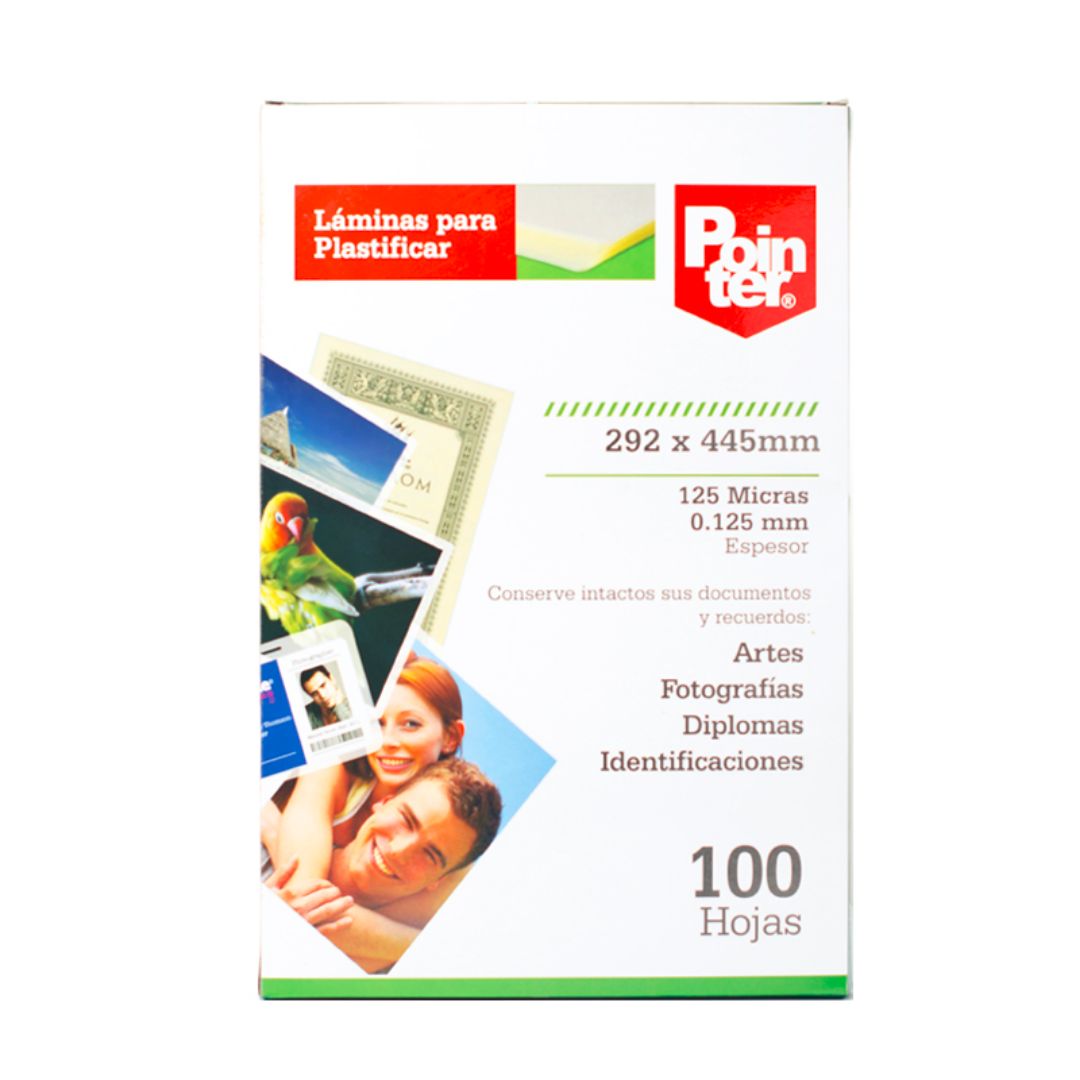 LAMINA PARA PLASTIFICAR POINTER 125 MICRAS PX100  29.2X44.5CM (F. 5 BOX)
